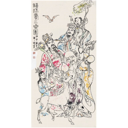 罗希贤国画草图《福禄寿》 138×68cm