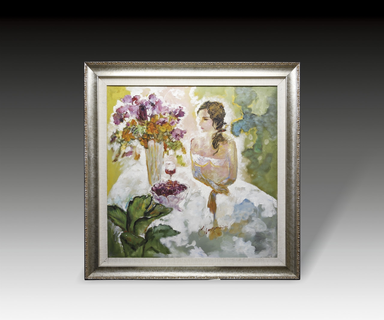 油画《赏花少女》（郭曼奇 98×99cm）
