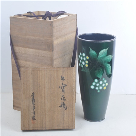 日本“安藤”造七宝烧宝石绿花瓶（连原装盒）