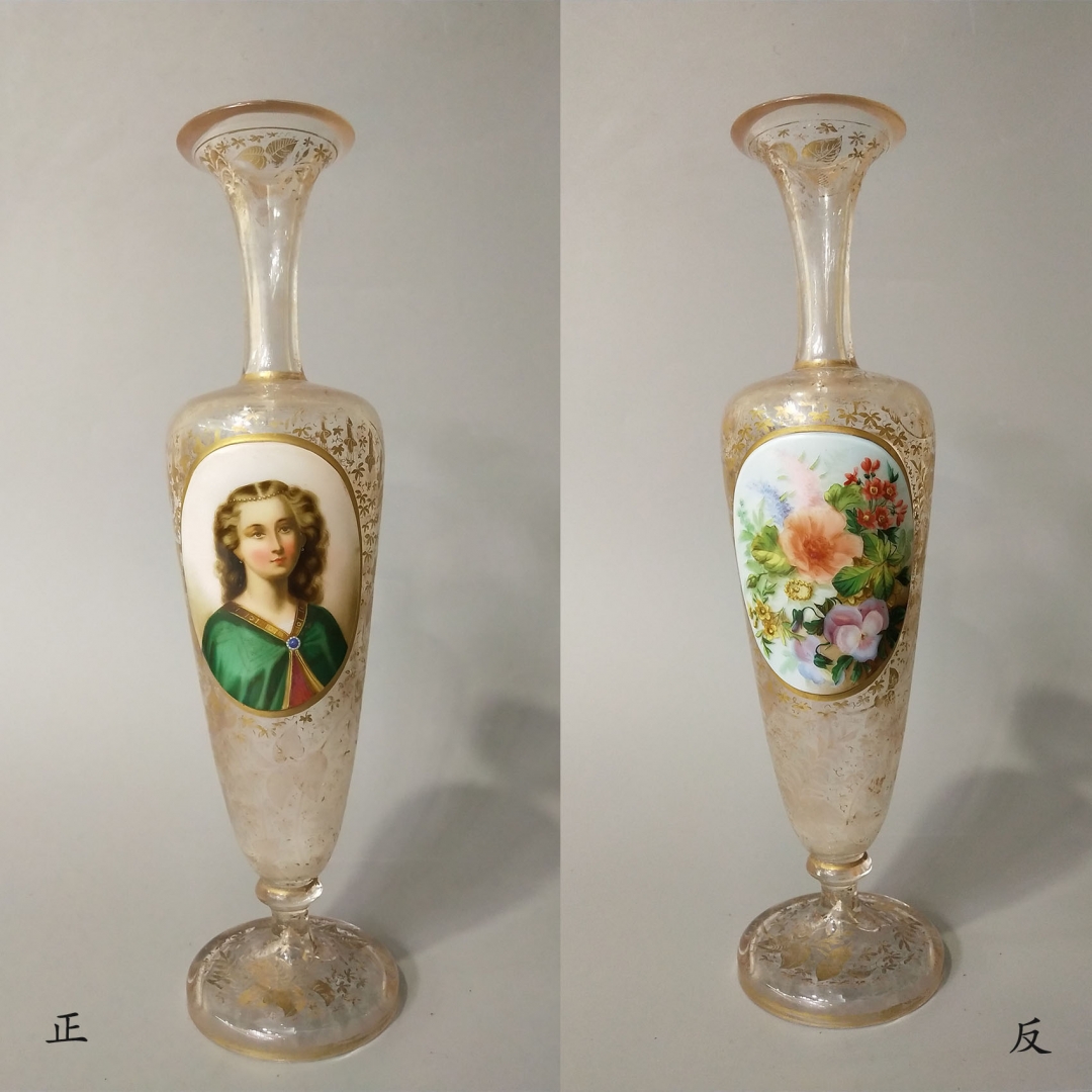 19世纪德国手绘珐琅肖像花卉描金花玻璃赏瓶 1件