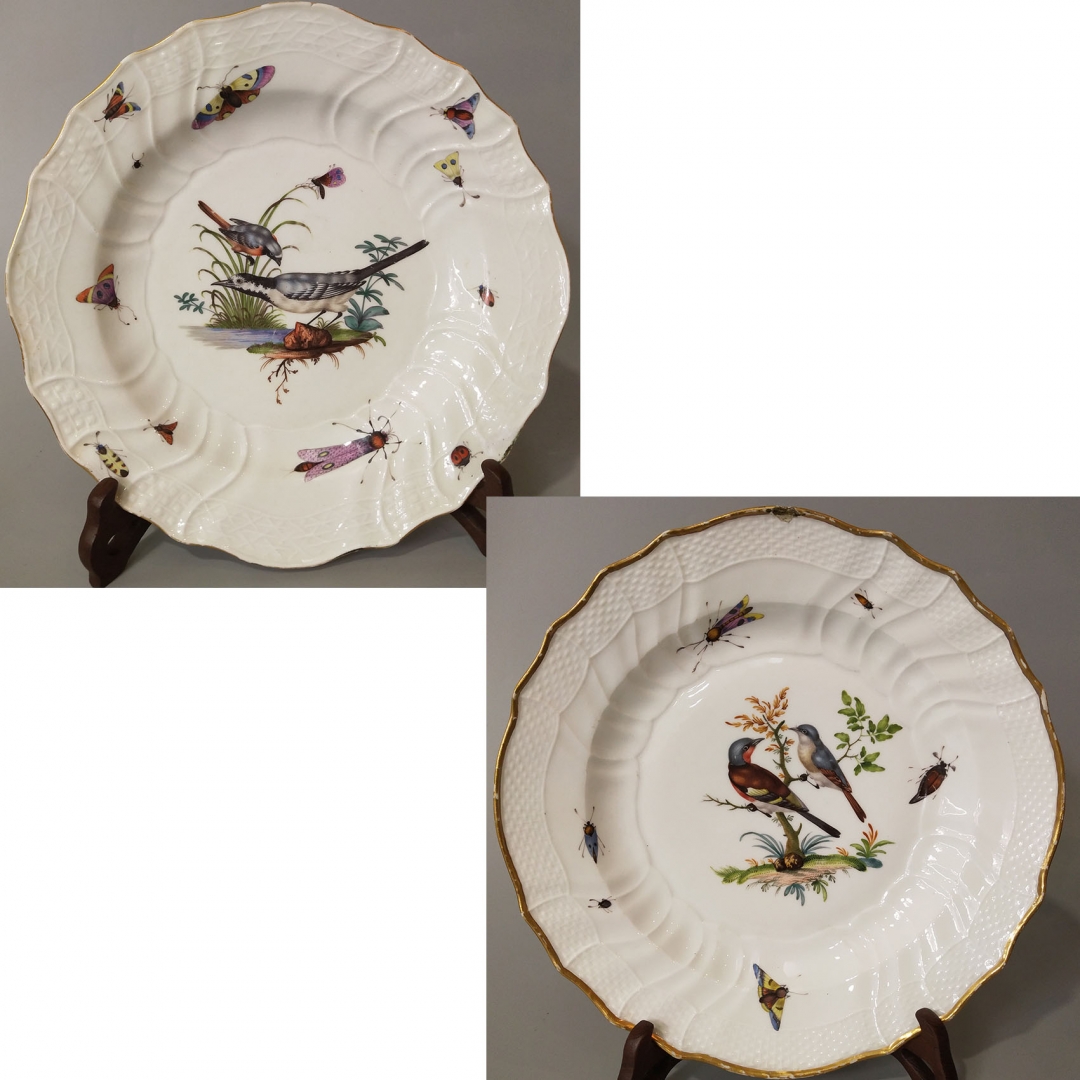 19世纪德国Meissen品牌手绘、鸟、昆虫、镀金边赏盘 1对