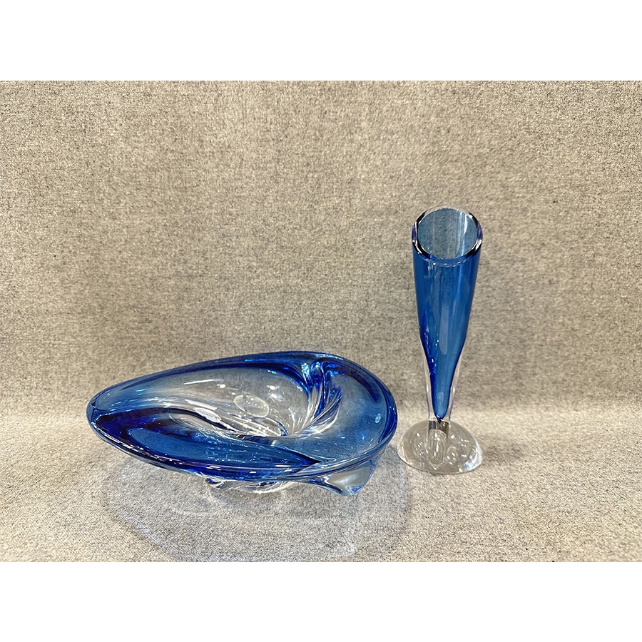 比利时St.Lambert天空蓝套色水晶摆件(花插H:20cm,盘23×23cm)