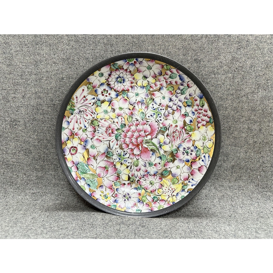 日本回流香港出口日本瓷器手绘描金花卉赏盘(直径:19.5cm)